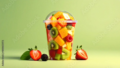 Vibrant Assorted Fresh Fruit Cup with Strawberries Blueberries Raspberries Kiwi Mango and Pineapple on a Light Green Background with Natural Lighting