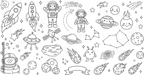 Black and white space doodle vector set with astronauts, rockets, planets, comets, UFOs, stars, and cosmic cartoon coloring illustration