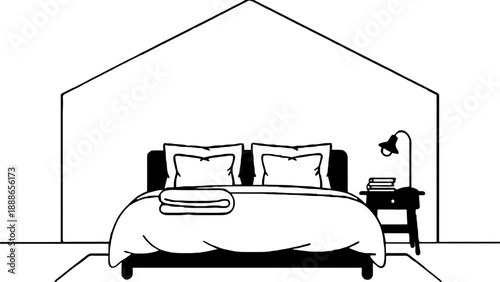 A minimalist bedroom with a bed and nightstand in a simple, modern design