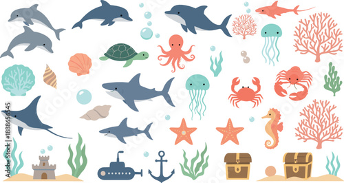 Cute ocean animal vector set with dolphins, sharks, octopus, jellyfish, turtles, coral reefs, treasure chests, and underwater cartoon sea life