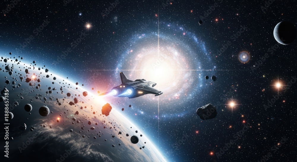 Naklejka premium Spaceship traveling amidst space rocks, planets and stunning galactic nebula background