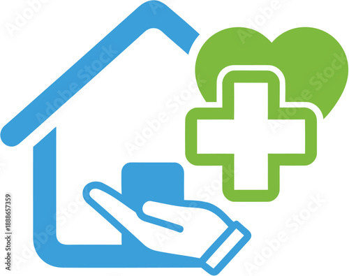 Conceptual illustration depicting comprehensive home healthcare services, combining a nurturing hand, a safe house environment, and a medical cross for well-being support