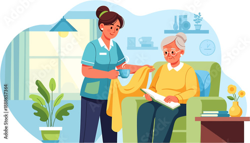 Caring caregiver providing comfort and assistance to an elderly woman at home, illustrating compassion and support