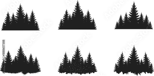 Black pine forest silhouettes set in six variations isolated on white background, minimalist evergreen woodland elements for design use