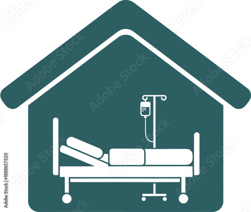 Conceptual icon for at-home medical assistance, showing a hospital bed and intravenous drip setup inside a minimalist house structure, emphasizing accessible care