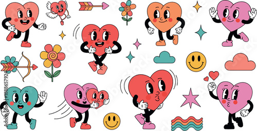 Cute cartoon heart character vector set with funny expressions, love gestures, stars, flowers, and playful romantic kawaii illustrations