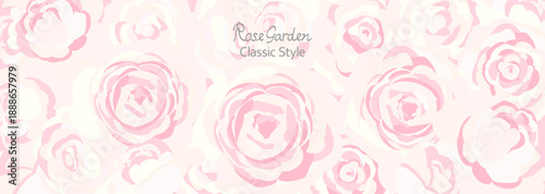 やさしいピンク色のバラがぎっしり詰まった横長ベクターイラスト