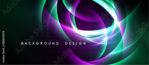Abstract flowing lines create vibrant energy. Green, purple, white hues blend into dark background. Text reads background design.