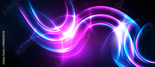 Abstract vibrant light curves flow, creating dynamic energy. Bright magenta, cyan hues contrast dark background. Smooth shapes suggest movement.