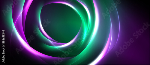 Abstract swirls, vibrant colors, green, purple, light streaks. Dynamic composition creates modern visual impact. Smooth gradients dominate.