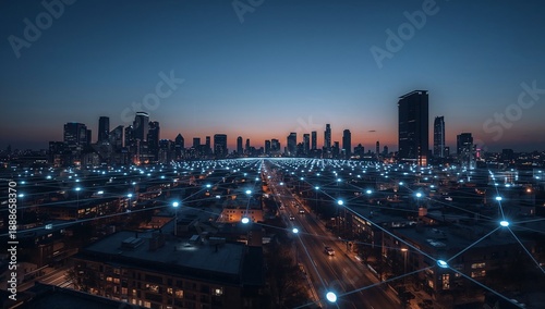 Wallpaper Mural Futuristic Smart City IoT Integration Glowing Data Network Connecting Urban Infrastructure at Dusk Torontodigital.ca