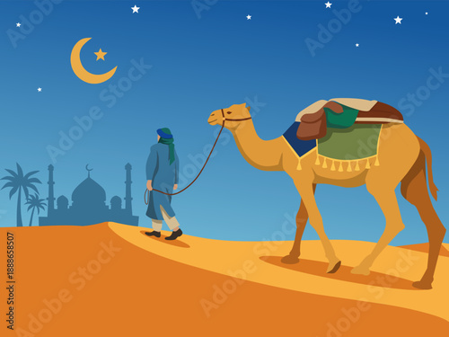 Muslim man leading camel in desert at night with mosque and crescent moon background Vector Illustration