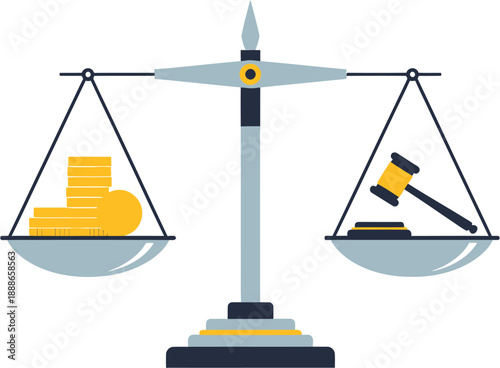 Illustration of a balance scale with coins on one side and a gavel on the other, symbolizing justice and financial decisions