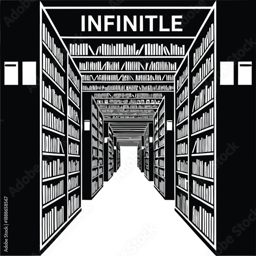 A black and white image of an infinite library with bookshelves filled with books.