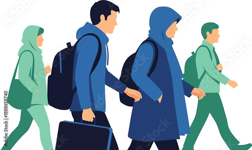 Illustration of a group of young people walking with backpacks and a suitcase, conveying a sense of journey or commute