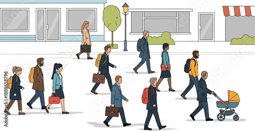 Busy street scene with diverse pedestrians walking in different directions, illustrating urban commuting and daily life