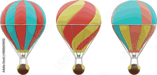 Colorful hot air balloon vector set with bright striped patterns, travel adventure theme, and sky festival illustration collection