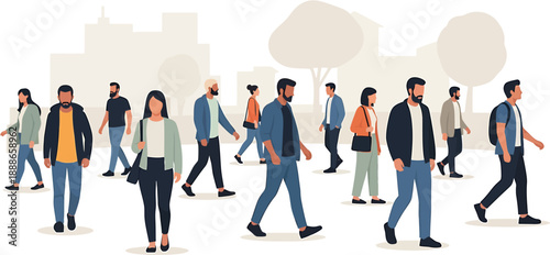 Crowd of Diverse People Walking in a City Park with Buildings in the Background