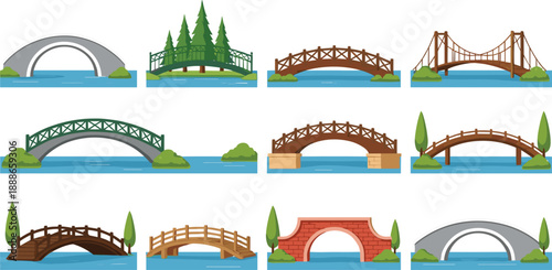 Bridge types over river vector set with wooden, stone and arch bridge designs