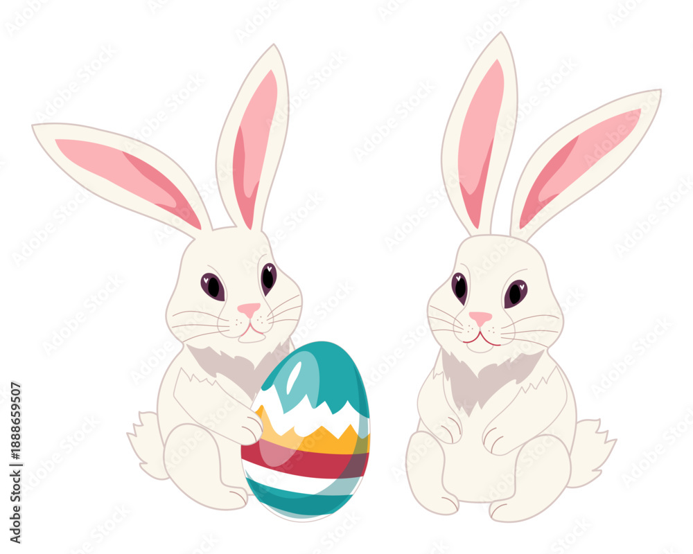 Obraz premium Two white rabbits, one with an Easter egg