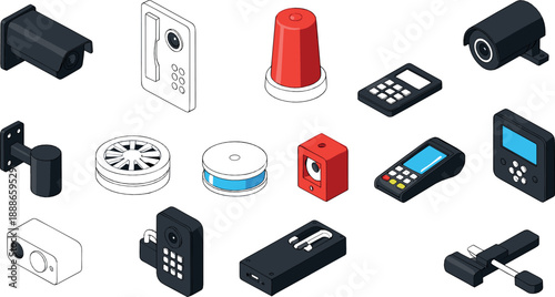 Security and surveillance device vector set with CCTV cameras, alarms, card readers, intercoms, keypads, and access control system icons