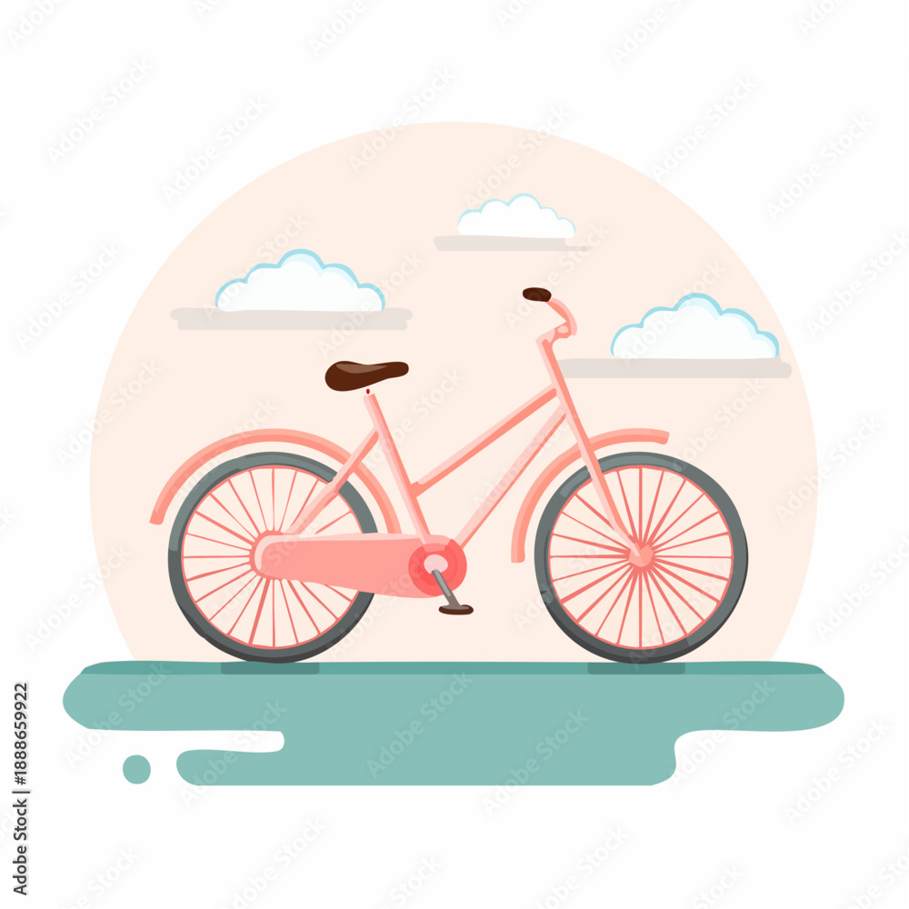 Fototapeta premium Charming pink bicycle illustration with clouds and water splashes, perfect for depicting outdoor activities and healthy lifestyle themes