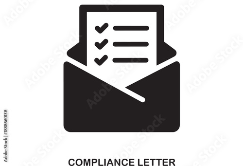 Black and white filled icon of an open envelope with a document inside featuring three checkmarks and three horizontal lines, representing compliance or task completion.