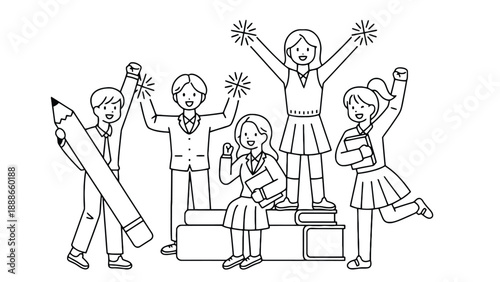 A group of happy students celebrating with books and school supplies