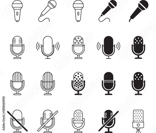 Collection of diverse microphone icons in outline and solid black fill, representing audio recording, broadcasting, and mute functions for graphic design and technology concepts.