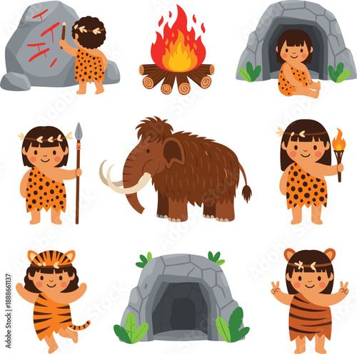 Stone age caveman cartoon vector set with prehistoric kids, mammoth, cave and fire elements