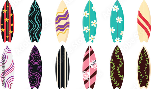 Colorful surfboard vector set with decorative patterns, stripes, florals, and abstract designs, tropical beach summer sports illustration