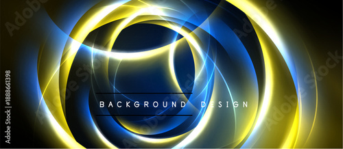 Abstract design features glowing circles, curves. Blue, yellow hues create dynamic visual effect. Modern background element.