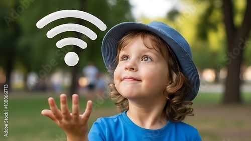 Little boy wearing hat and waving at the wi fi fi wifi.