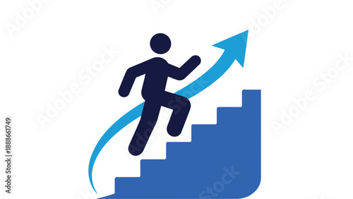 A person climbing up a staircase with an upward arrow indicating success and growth