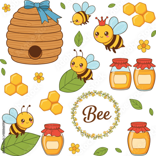Cute bee and honey cartoon vector set with beehive, honey jars and floral elements