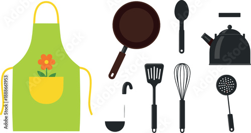 Kitchen cooking tools vector set with apron, frying pan, whisk, spatula, ladle, kettle, and modern flat culinary equipment illustration