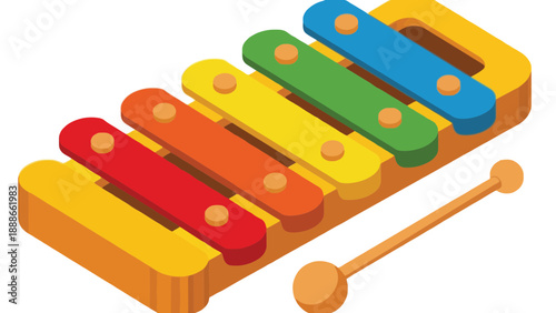 A colorful xylophone with a wooden mallet on a white background