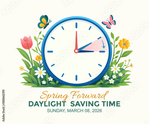 Daylight Saving Time banner. The clock turns one hour on March 8, 2026. Spring forward concept banner with floral elements. Vector illustration.