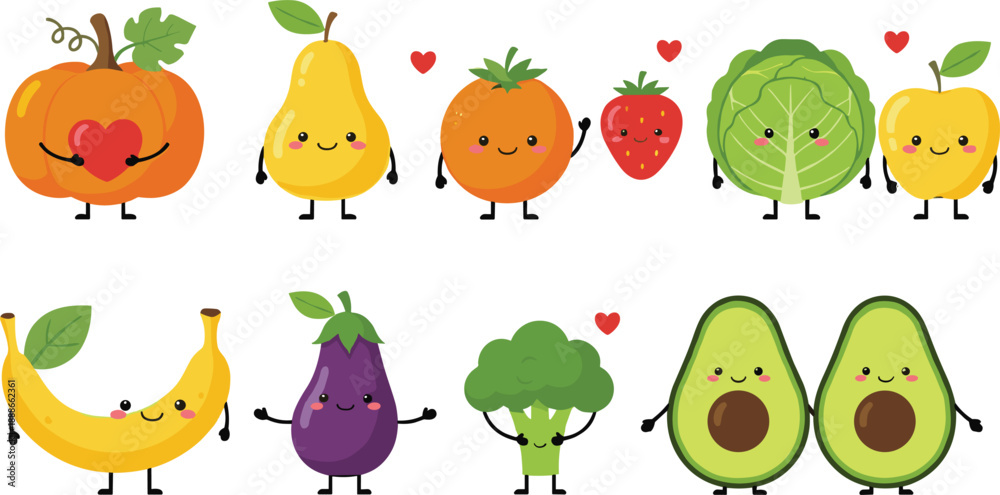 Fototapeta premium Cute kawaii fruit and vegetable cartoon characters vector set with smiling faces and playful emotions