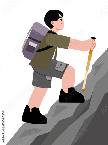 Flat Vector Illustration of a Male Hiker Climbing a Steep Mountain Slope with Backpack and Walking Stick hiker, climber, trekker, explorer, mountaineer, person, man, male, character, athlete.