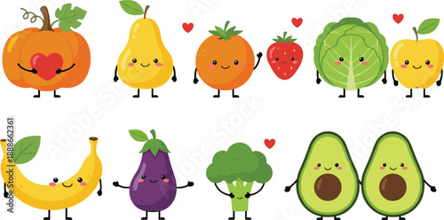 Cute kawaii fruit and vegetable cartoon characters vector set with smiling faces and playful emotions