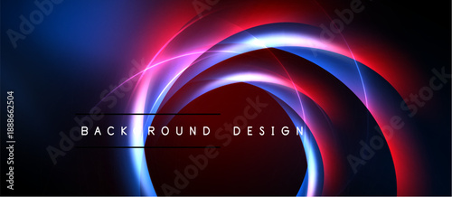 Abstract neon circles overlap dark background. Vibrant blue, red hues create dynamic visual effect. Text reads background design.