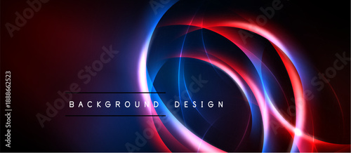 Abstract neon circles, vibrant red, blue hues. Dark background creates dramatic visual effect. Modern design element.