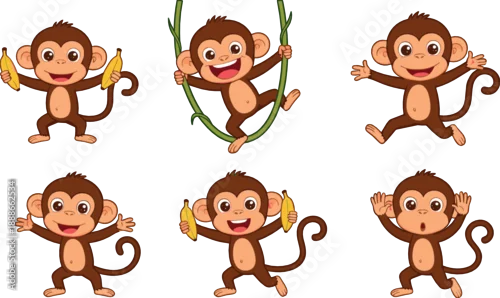 Fototapeta Cute monkey character vector set with bananas and playful poses, funny cartoon jungle animals, cheerful kids illustration collection