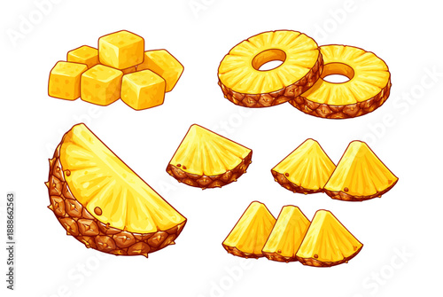 Pineapple fruit pieces with different cuts illustration