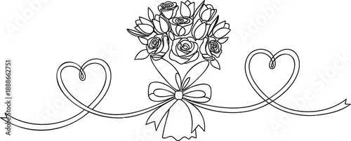 A charming continuous line art drawing presents a classic bouquet of roses tied with a ribbon