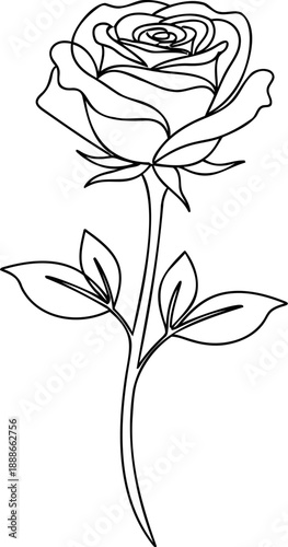 A delicate continuous line art drawing exquisitely captures the form of a single, elegant rose with its distinct petals, stem, and leaves, symbolizing beauty