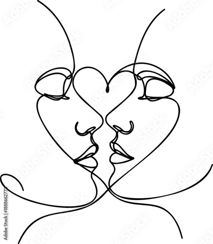 A striking continuous line art illustration depicts two faces in profile