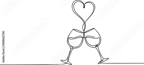 A minimalist continuous line art drawing presents two wine glasses clinking together in a toast