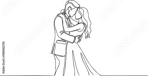 A tender continuous line art illustration depicts a couple in a heartfelt embrace
